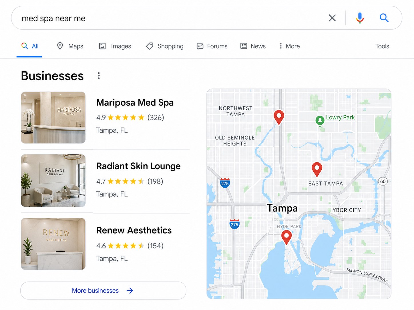 Google search for med spas in Tampa, showing three listings and a map with location pins.