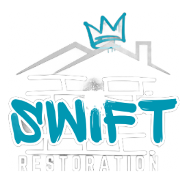 Logo with a house outline, blue crown, and the word Swift in bold blue above Restoration in white.