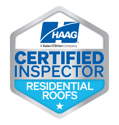Badge showing HAAG Certified Inspector for Residential Roofs with a star symbol.