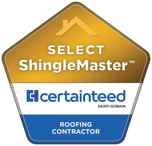 Select ShingleMaster CertainTeed Saint-Gobain roofing contractor badge with gold and blue colors.