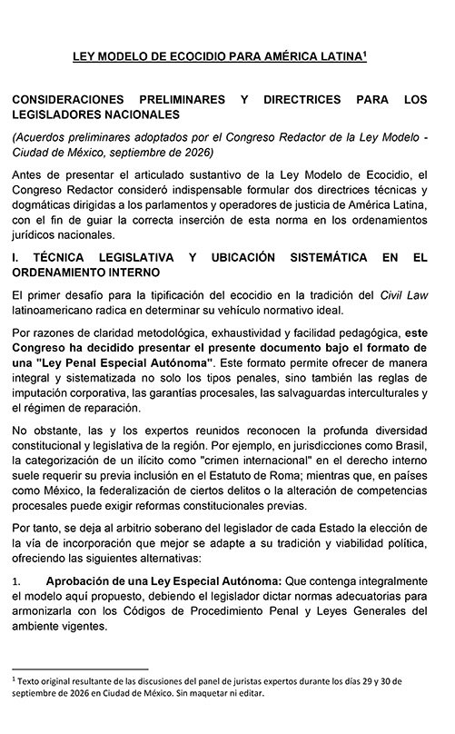 Portada de la Ley Modelo sobre Ecocidio para América Latina