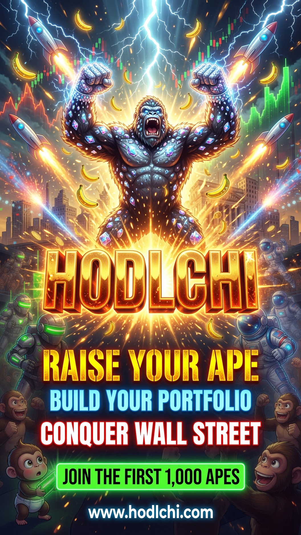 Gorilla with crystals under lightning, rockets, bananas, and text promoting hodlchi.com and ape investors.