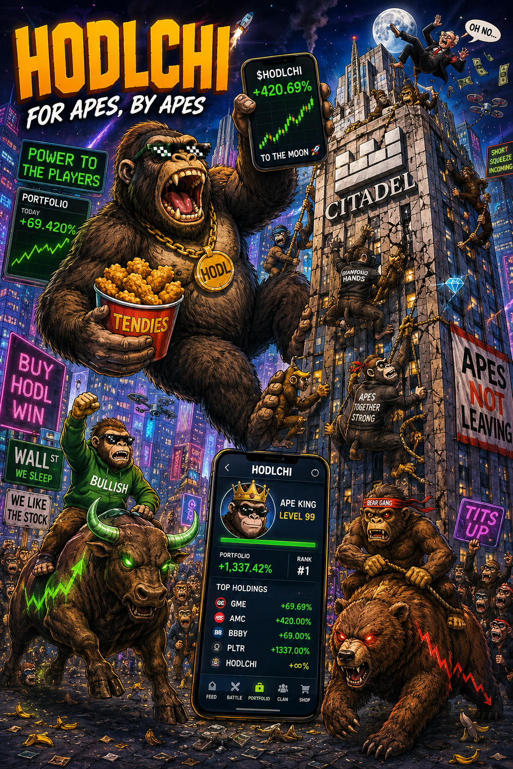 Cartoon apes rallying around stocks and crypto, holding signs, climbing a citadel, with bullish and bearish symbols.