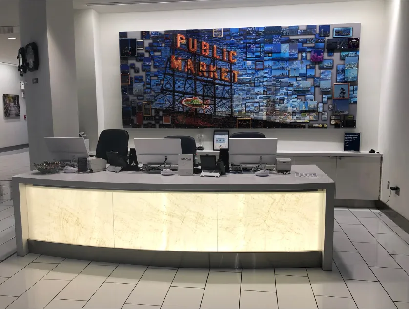 club lounge reception area designed, fabricated and installed by burke gibson llc