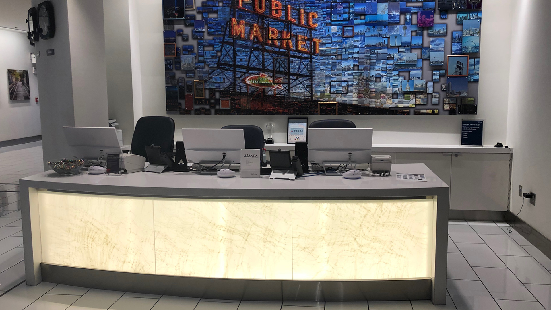 club lounge reception area designed, fabricated and installed by burke gibson llc