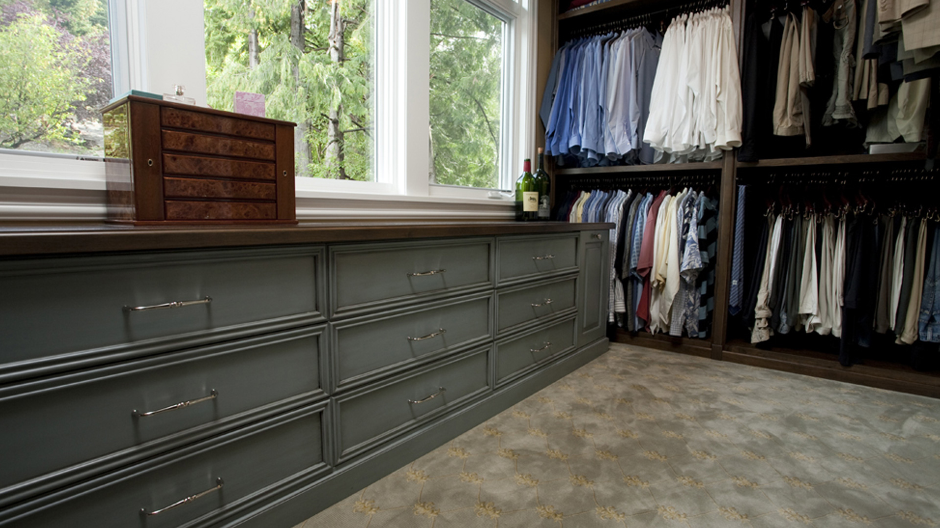 walk in closet designed, fabricated, installed with drawers and clothes