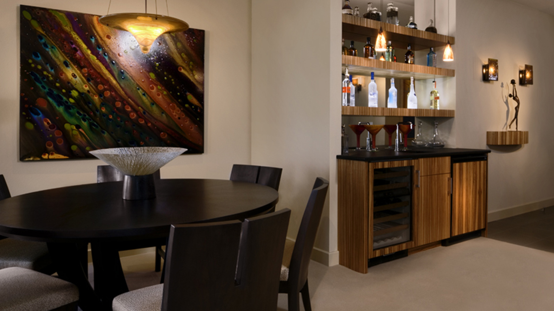 custom designed wine bar and table designed, engineered and fabricated by burke gibson