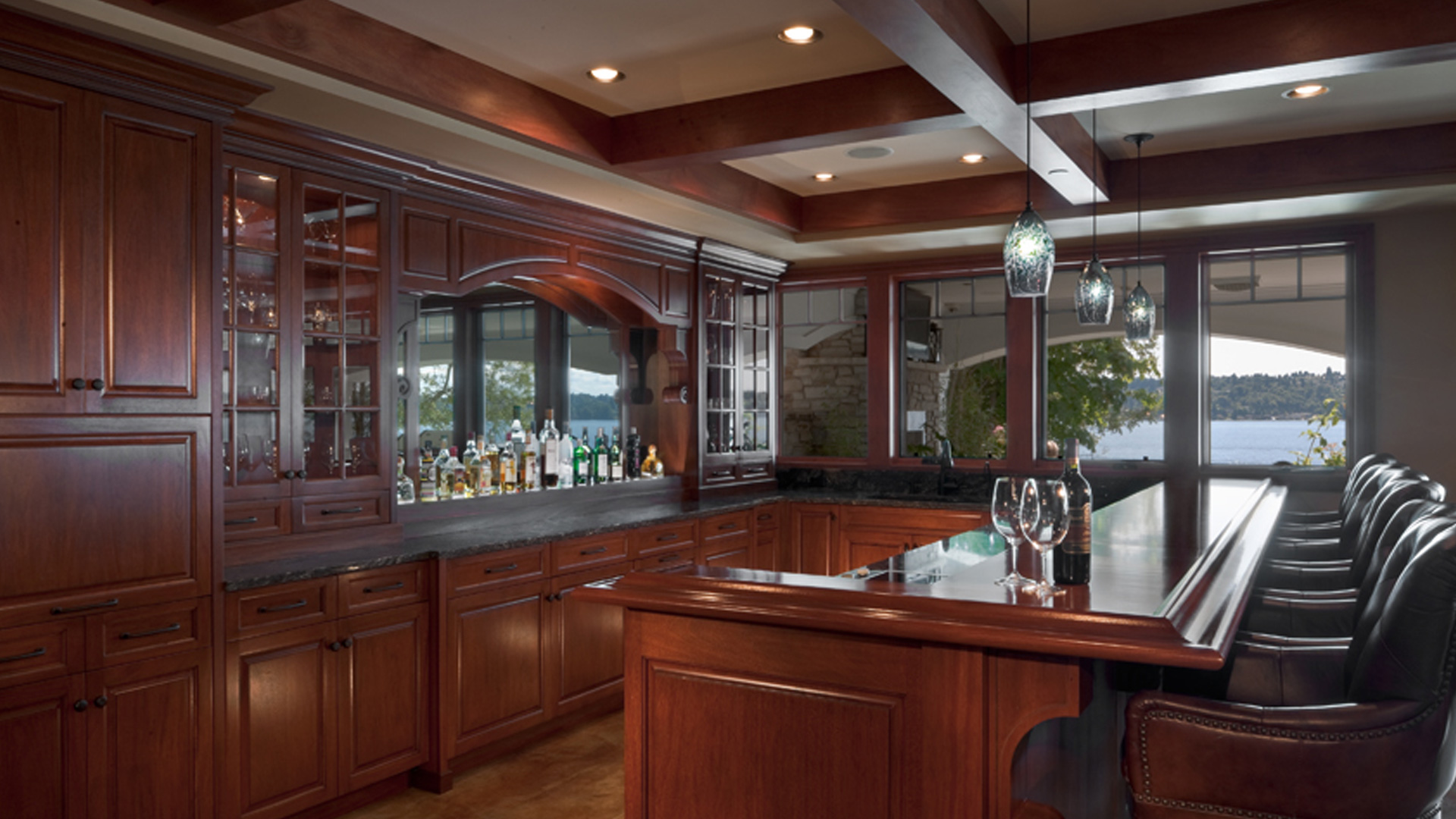 custom designed deep mahogany wine bar designed, engineered and fabricated by burke gibson