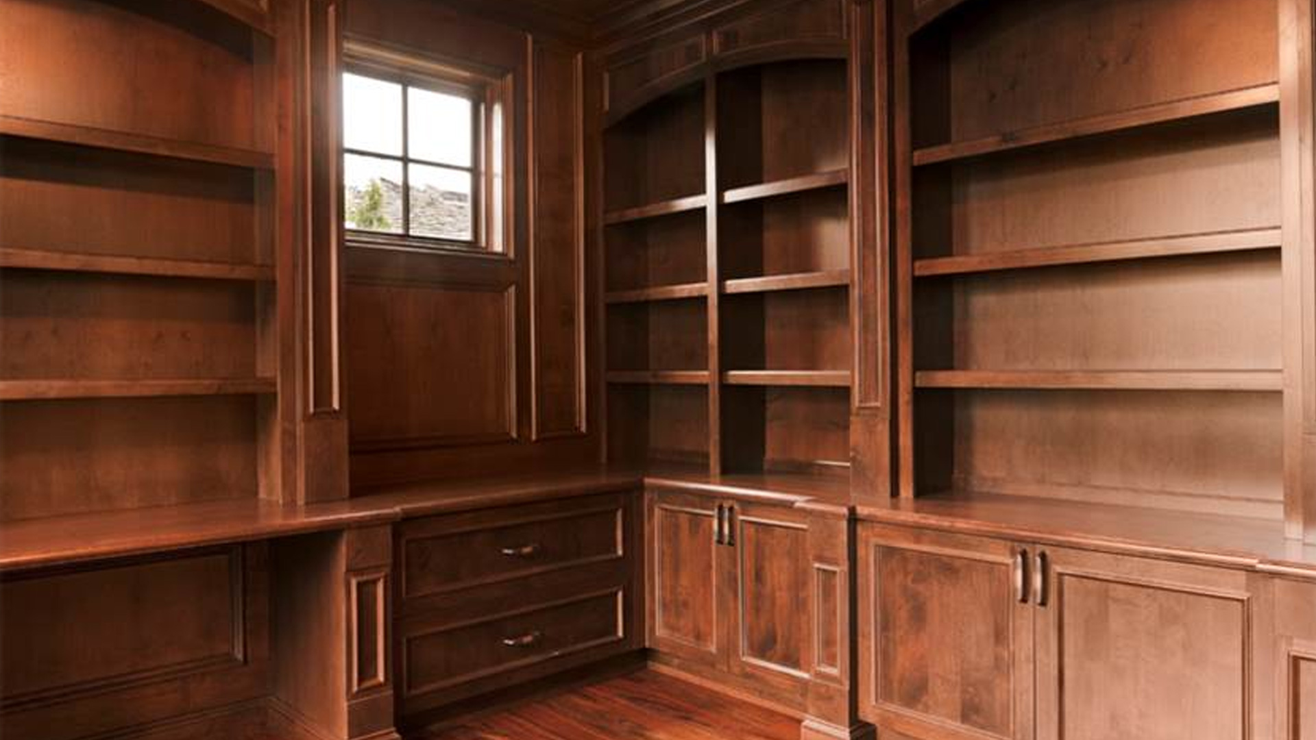 home office with custom woodwork designed, engineered and installed by burke gibson