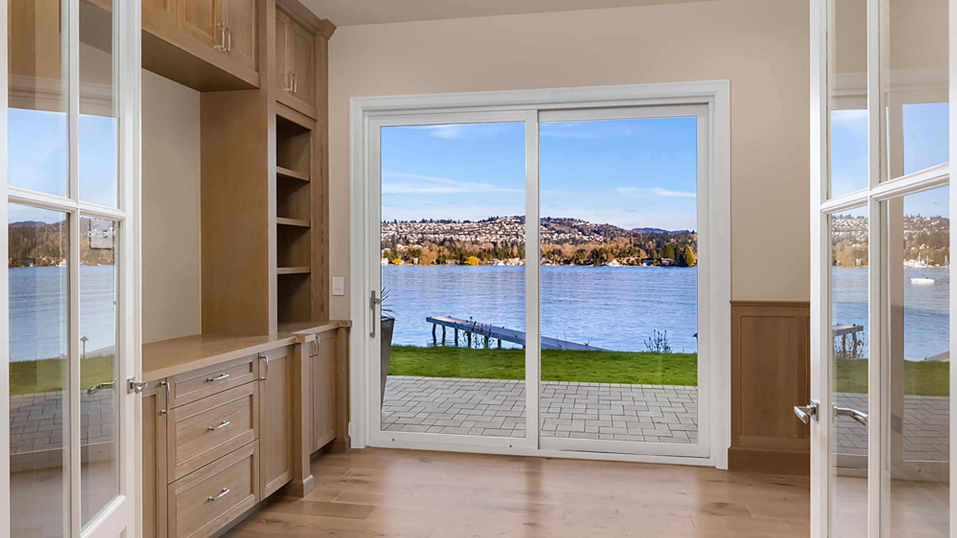 custom designed home office overlooking the lake