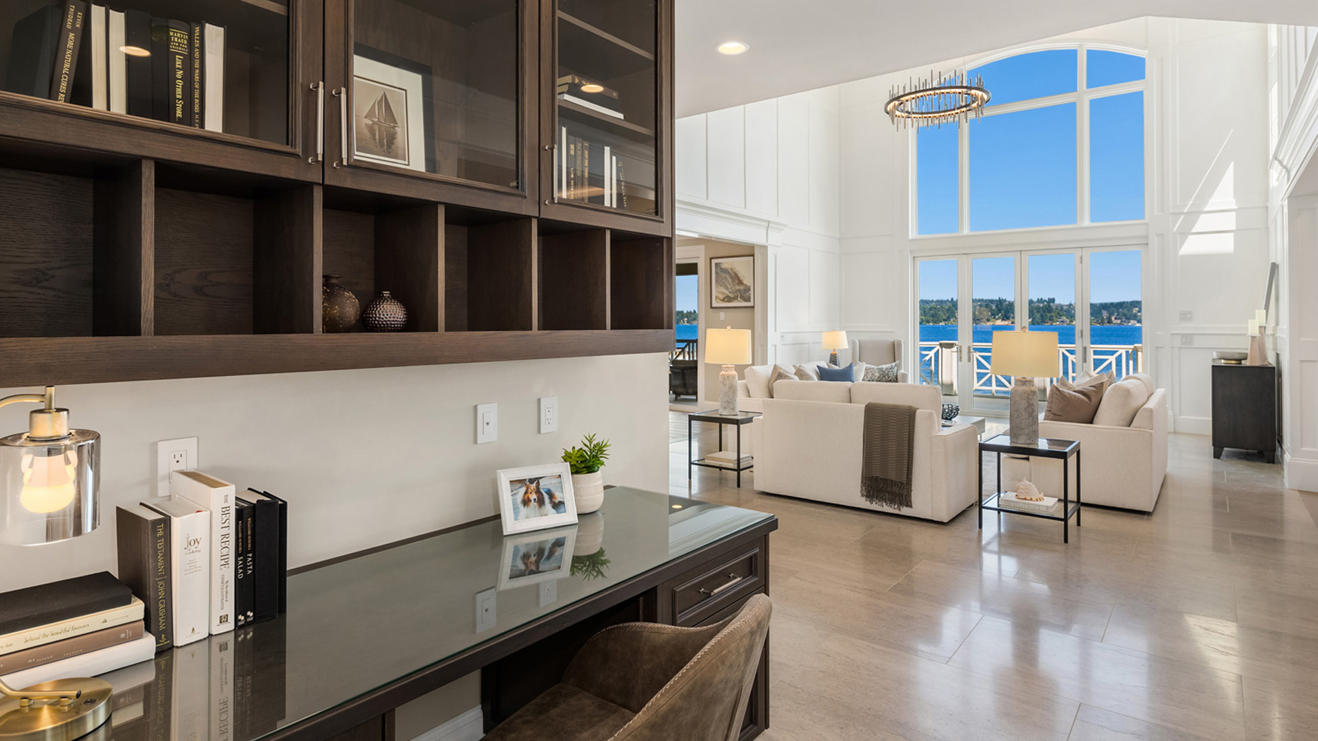 custom designed office on the side of great room on lakefron