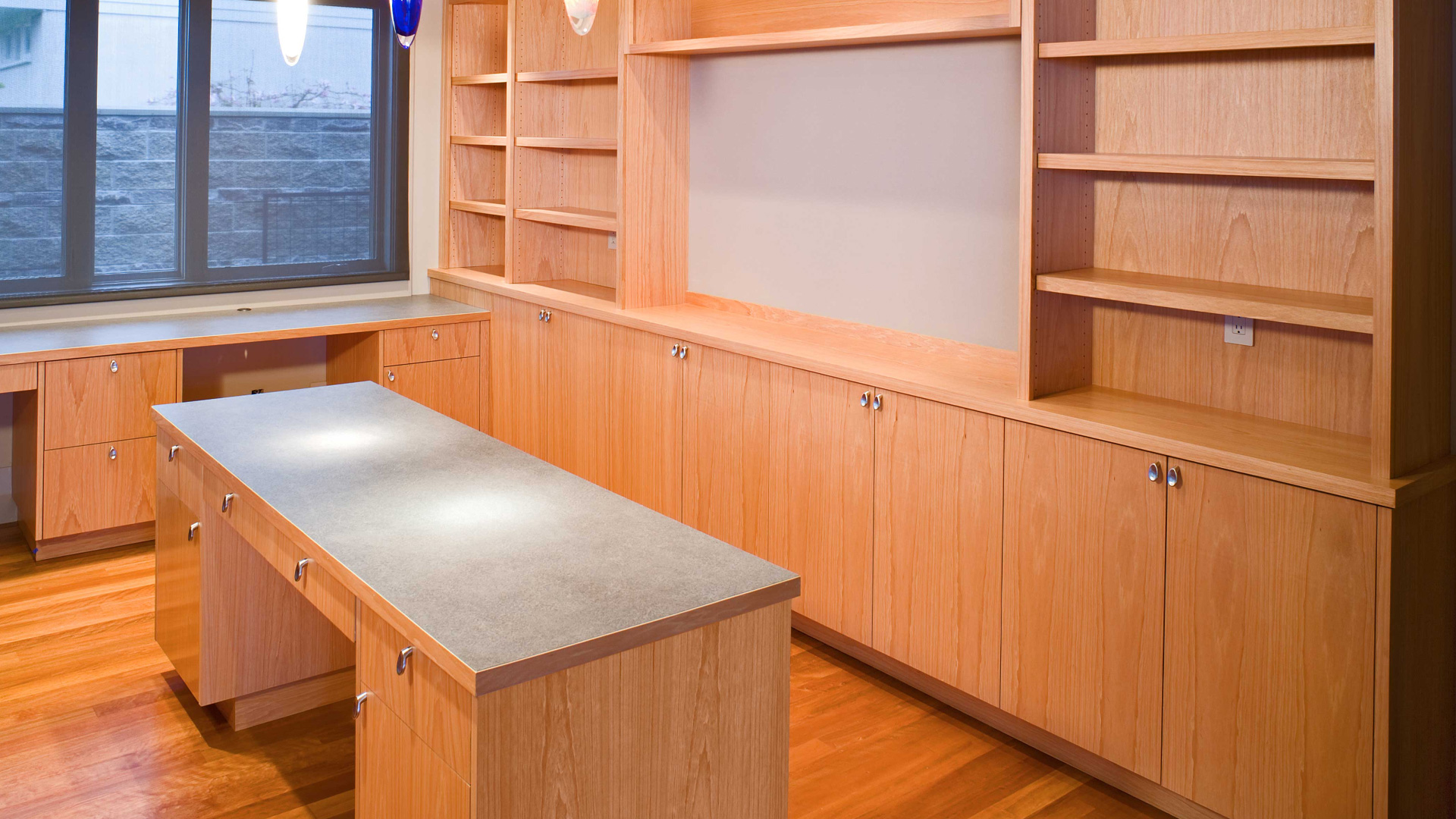 custom designed home office with wood trim