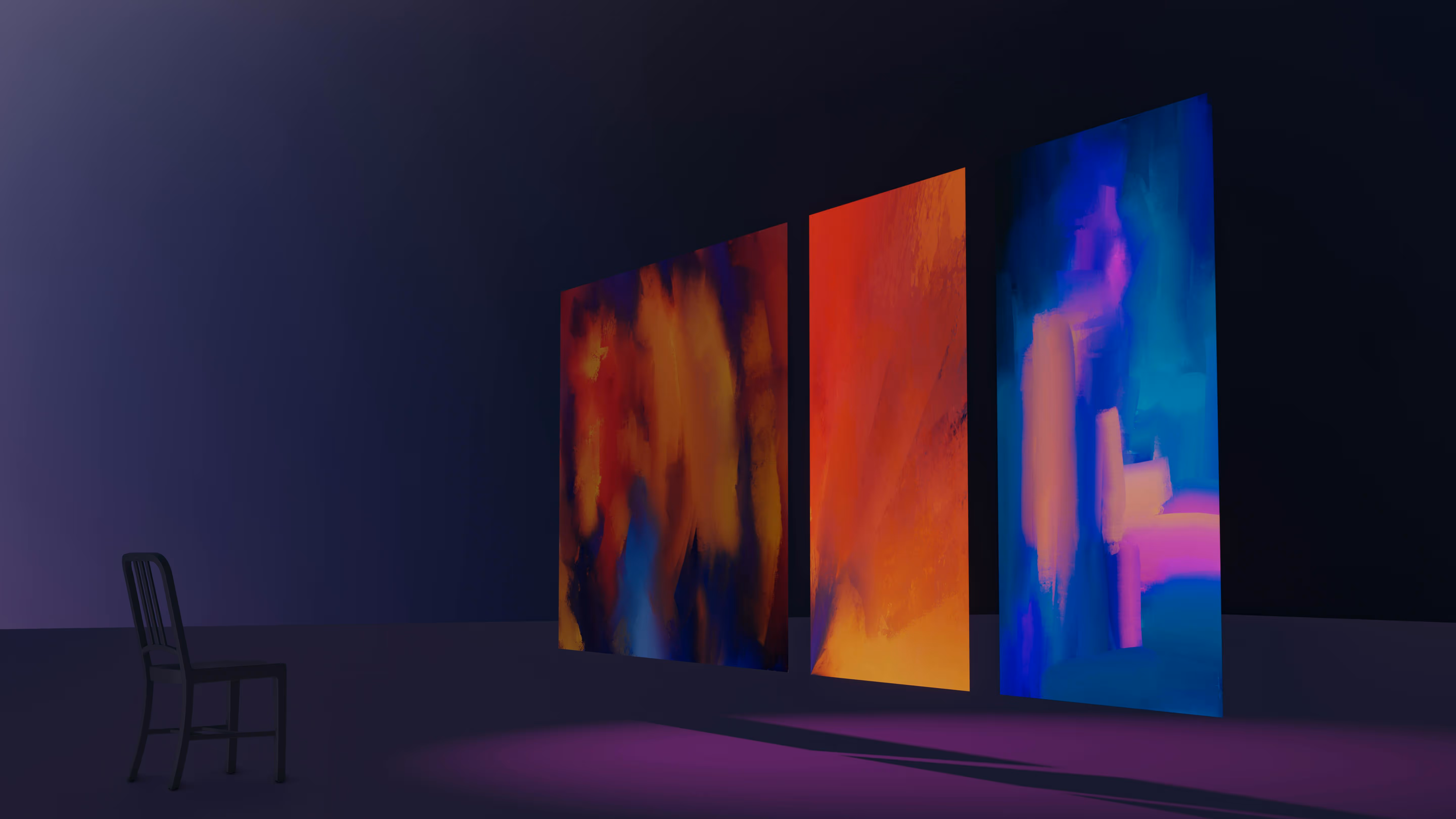 A dark room with a single chair facing three large abstract colorful paintings floating in mid-air.