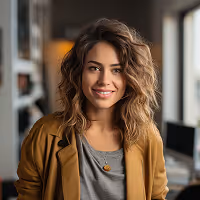 Smiling woman with curly hair wearing a brown jacket and gray top in a cozy indoor setting.