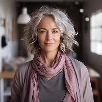Smiling middle-aged woman with gray hair wearing a purple scarf and cardigan indoors.