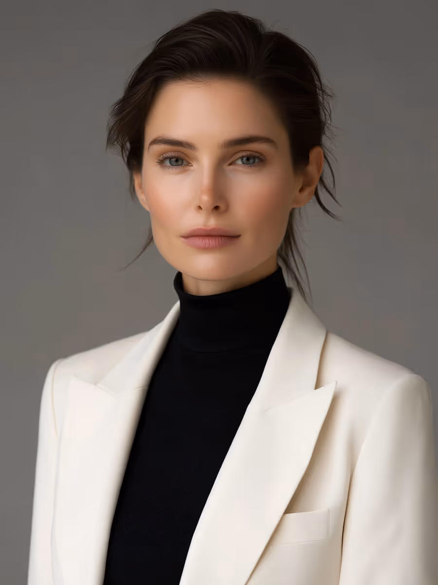 Portrait of a woman with short dark hair wearing a white blazer and black turtleneck.