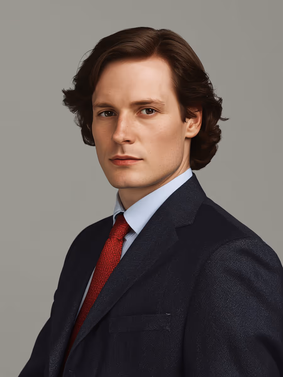 Young man in dark suit, light blue shirt, and red tie with medium-length brown hair, neutral background.