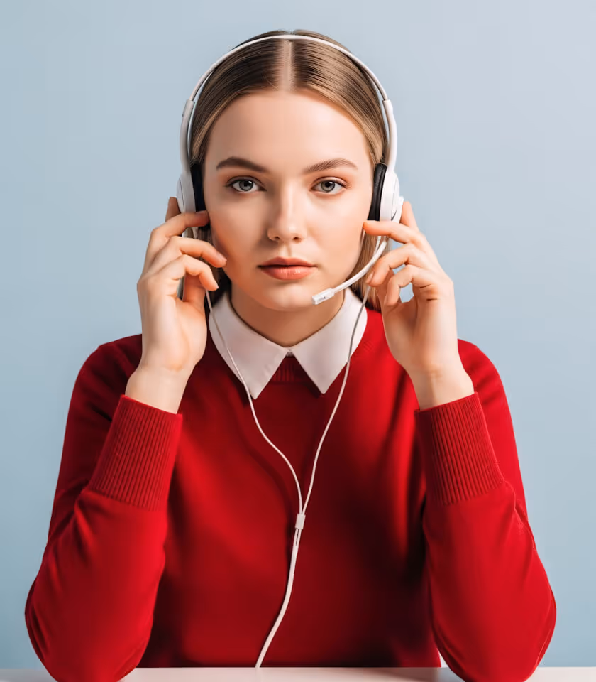 Serious woman in red sweater wearing white headset with microphone against light blue background.
