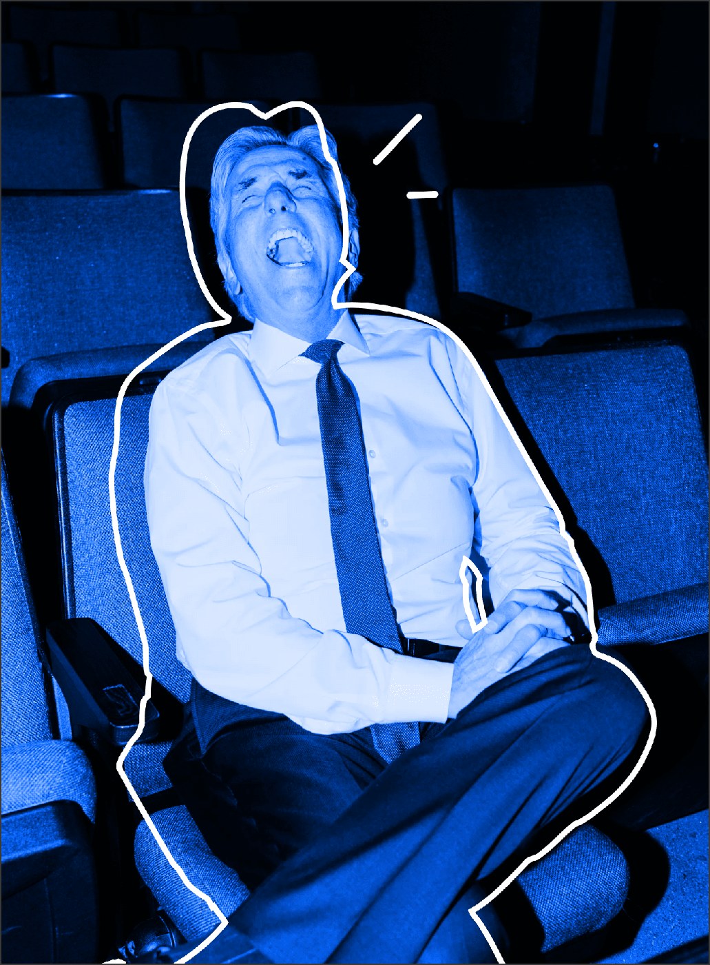 Bernie Smilovitz laughing with his head tipped back in a blue-duotone sticker portrait