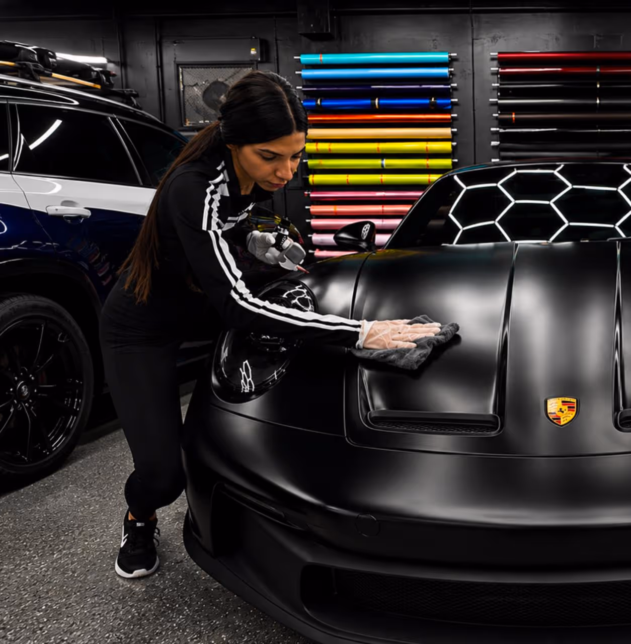 Satin black wrap detail on a luxury car