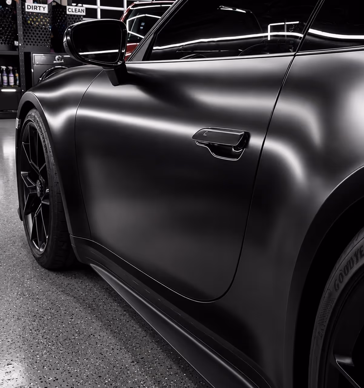 Dark green Mercedes-AMG GT at the Wrap Me USA Miami color wall