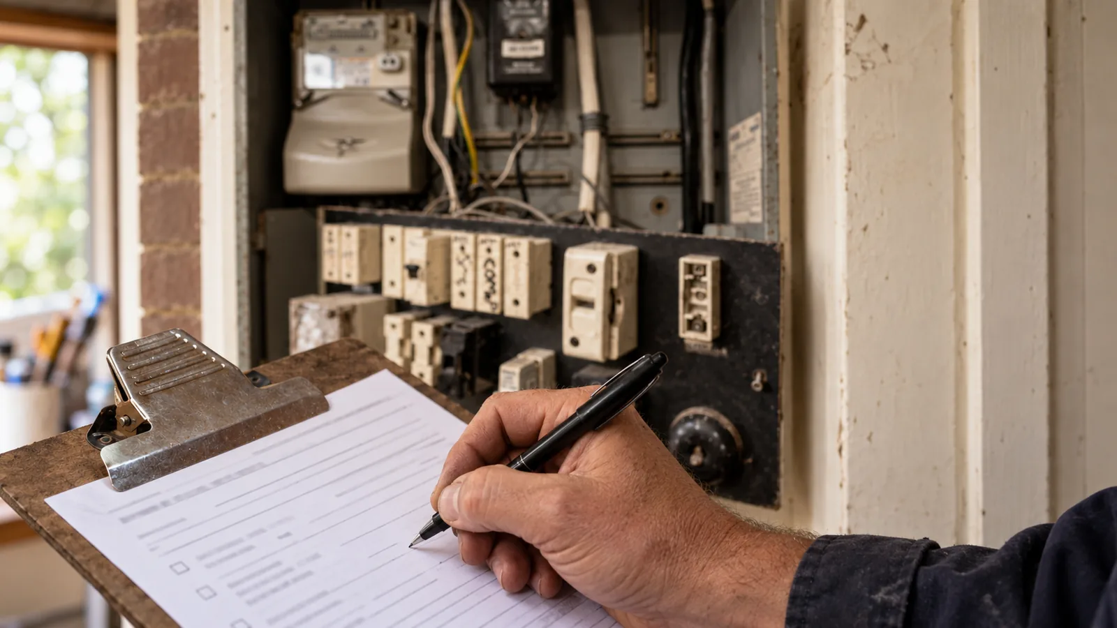 An electrician signing a certificate at an open switchboard