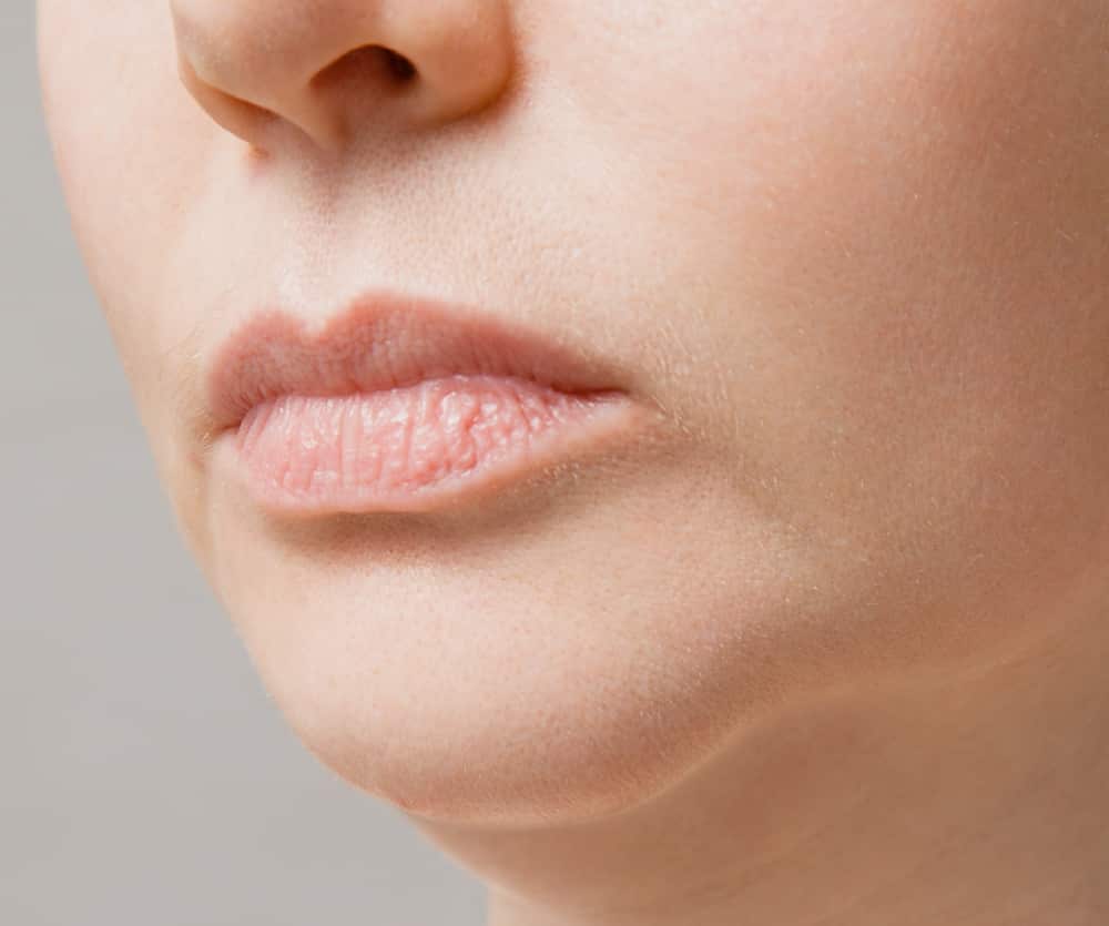 Close-up of the lower half of a woman's face, showing her nose, natural bare lips, and chin with smooth, fair skin — illustrating facial aesthetics in the context of a facelift article.