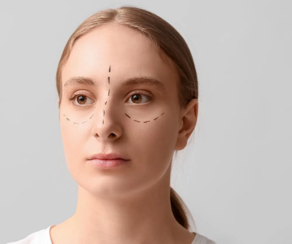 A young woman with blonde hair pulled back, wearing a white top, with black dashed surgical markings drawn on her face — vertical dashes on the forehead bridge and curved dashed lines beneath each eye — indicating pre-operative planning for blepharoplasty