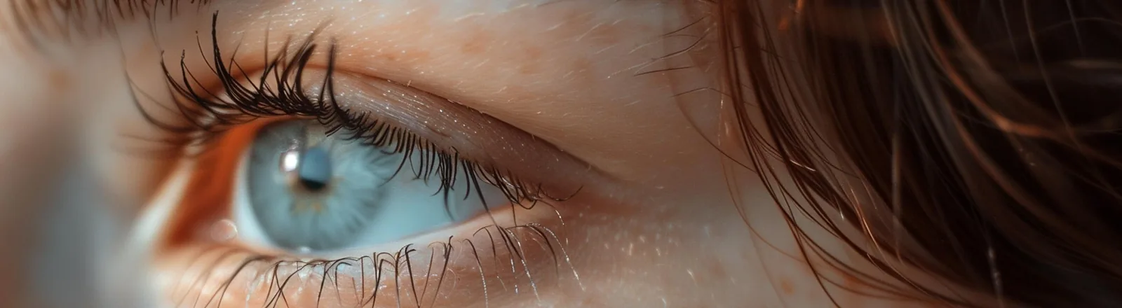 Close-up macro photograph of a woman's blue eye with long dark lashes, a defined brow, and strands of brown hair visible at the side, illustrating eye detail relevant to blepharoplasty recovery.
