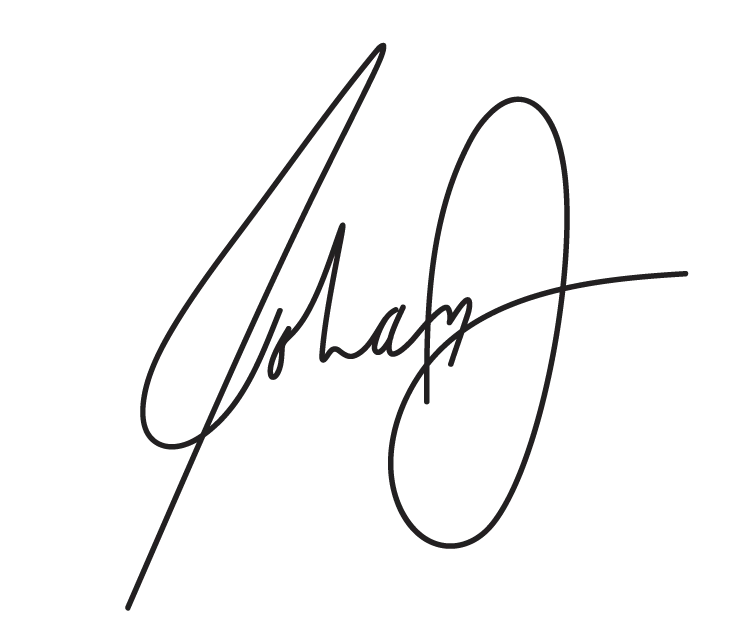 Handwritten cursive signature of Johan, rendered in dark thin strokes with fluid loops and a large oval flourish on the right side.