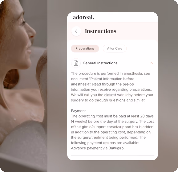Adoreal app UI card showing an 'Instructions' screen with two tabs — 'Preparations' (active) and 'After Care' — and an expanded 'General Instructions' section detailing pre-surgery preparation steps and payment information, including a note that the