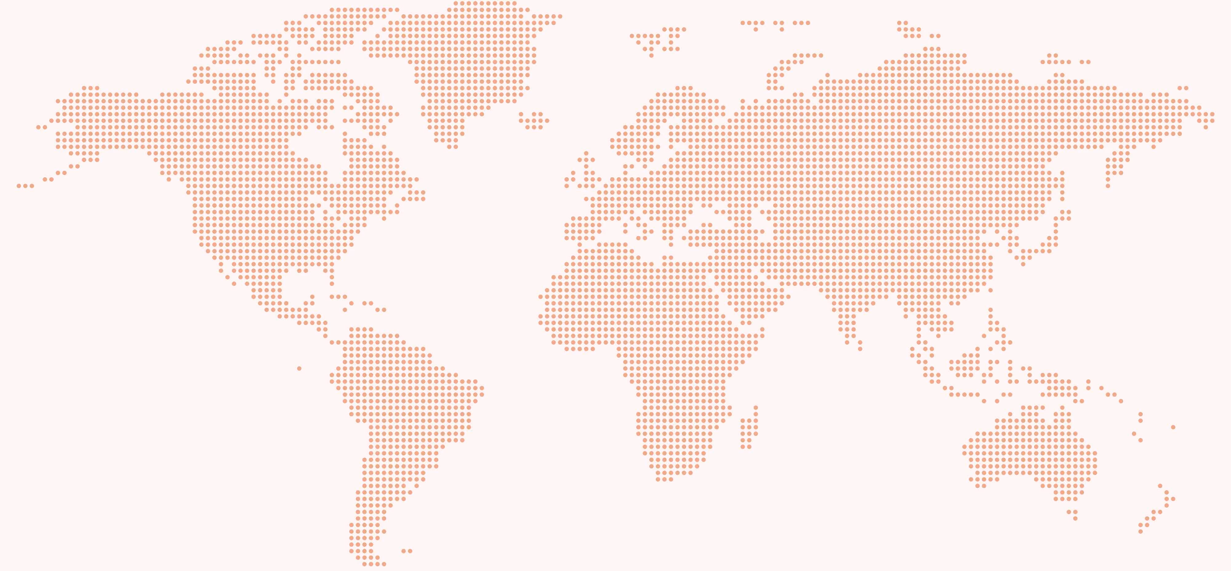 A dotted world map illustration with all continents rendered in small salmon-pink dots, depicting a global geographic overview.