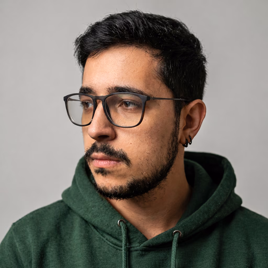 A young man with short dark hair, a trimmed beard and mustache, wearing dark rectangular-framed glasses and a green hoodie, with small hoop earrings, looking slightly to the side in a profile picture.