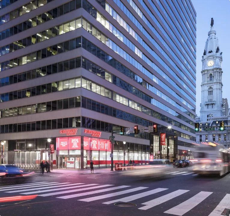 Firstrust Bank's Philadelphia headquarters near City Hall at dusk