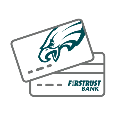 Two overlapping debit cards, one showing a stylized eagle head logo in teal and black.