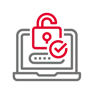 Laptop with an unlocked padlock and checkmark icon indicating verified access or security.