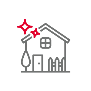 Simple gray house icon with two red sparkle stars on the upper left corner.