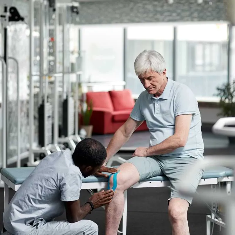 Physical therapist applying blue kinesiology tape to a senior man's knee in a clinic setting.