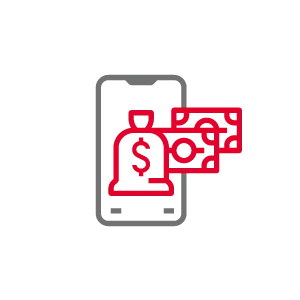 Icon of a money bag with a dollar sign and two red gears indicating financial processes.