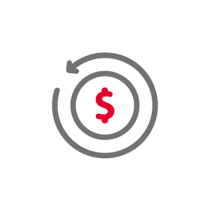 Red dollar sign centered within stacked gray coin icons on white background.
