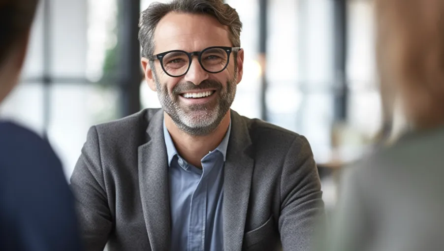 Smiling man with glasses and gray beard wearing a blazer talking to two blurred people.