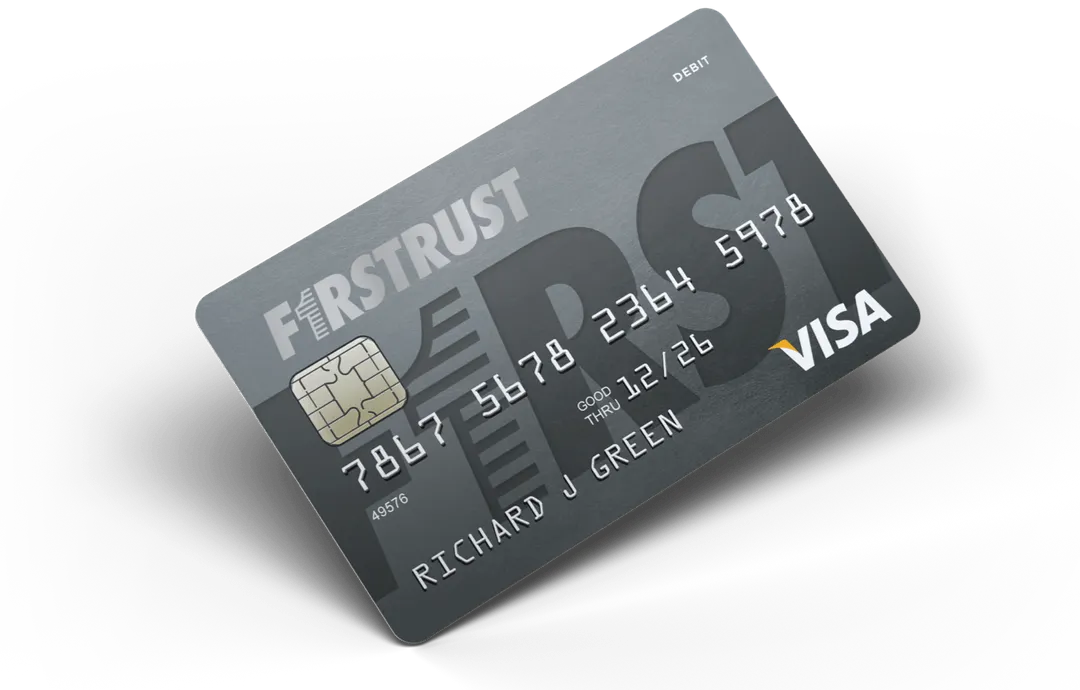 FIRSTRUST Visa debit card with chip, card number, expiration date, and cardholder name Richard J Green.