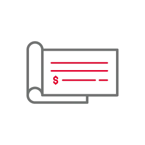 Icon of three overlapping paper checks with red lines and a red checkmark symbol.