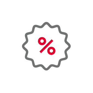 Red percentage symbol inside a gray jagged circle badge icon.