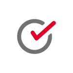 Gray circular arrow with red checkmark inside symbolizing completion or approval.