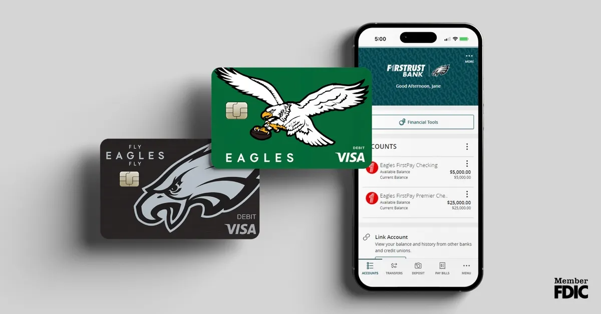 Two Eagles-themed Visa debit cards beside a smartphone showing a FirstTrust Bank account page.