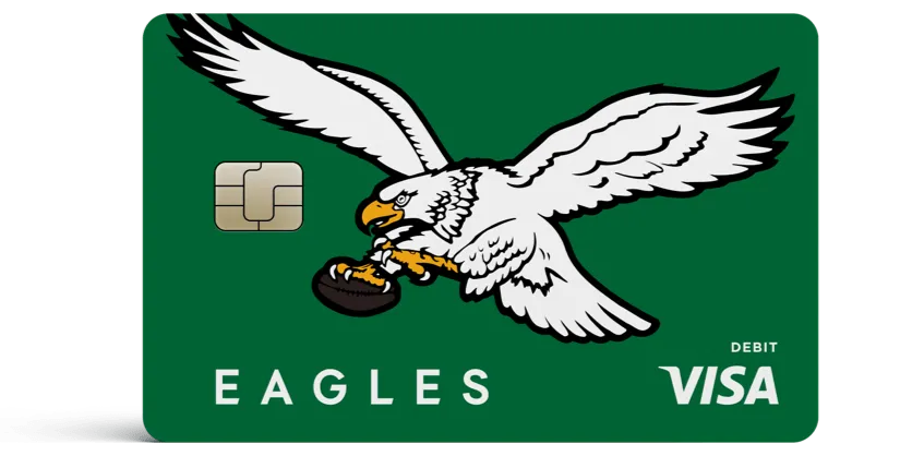 Green Visa debit card with an eagle clutching a football and the text Eagles on the front.