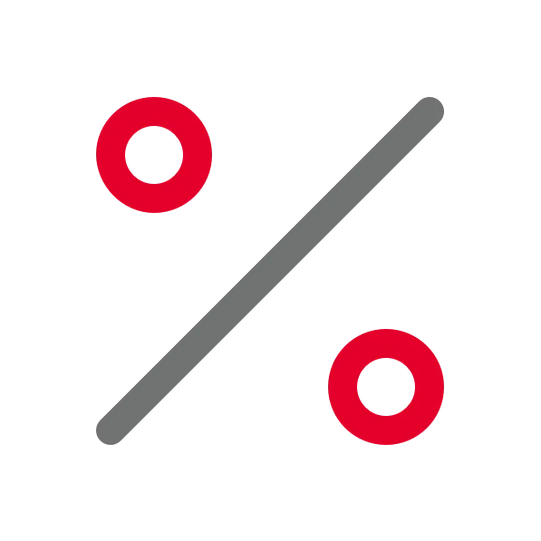 Gray percentage sign with red circles for dots on black background.