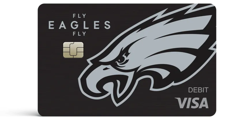 Black Visa debit card featuring the Philadelphia Eagles logo and Fly Eagles Fly text.