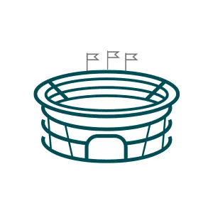 Outline of a stadium with three flags on top and an entrance at front.